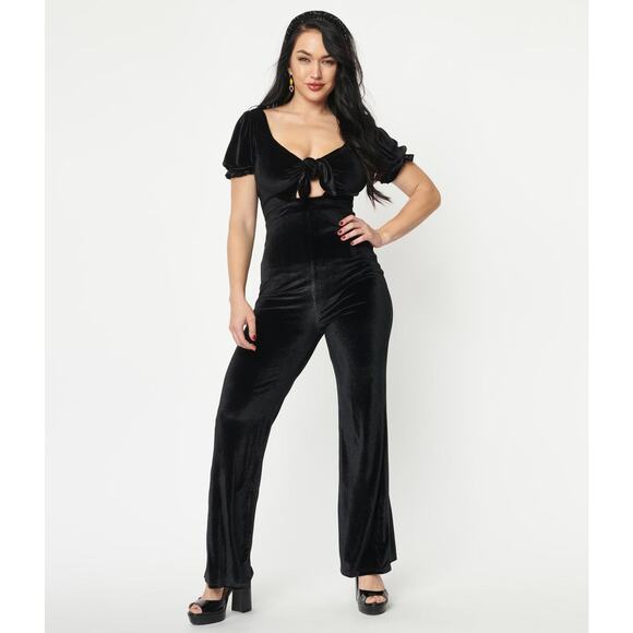 Blue Blush Pants - Blue Blush Black Velvet Front Tie Jumpsuit M NWT